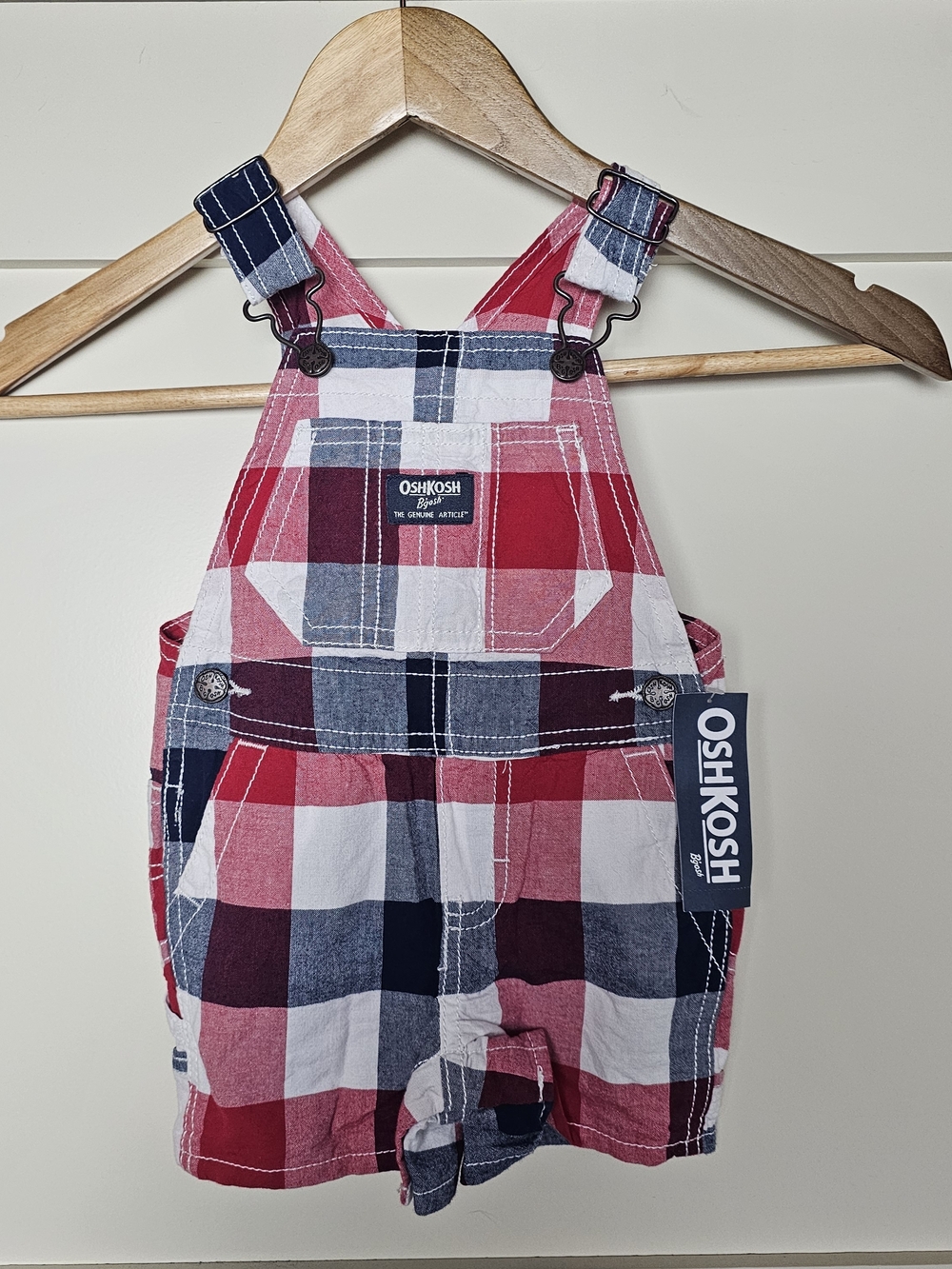 Oshkosh Plaid Shortalls Red White Blue Size 9m NWT